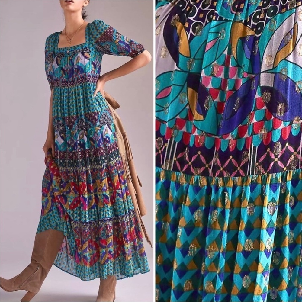 Anthropologie Abstract print Metallic Plumeti Side Slant Pockets Dress Size XS